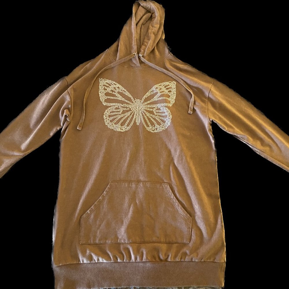 Adorable and soft medium-sized brown hoodie with a rhinestone butterfly design